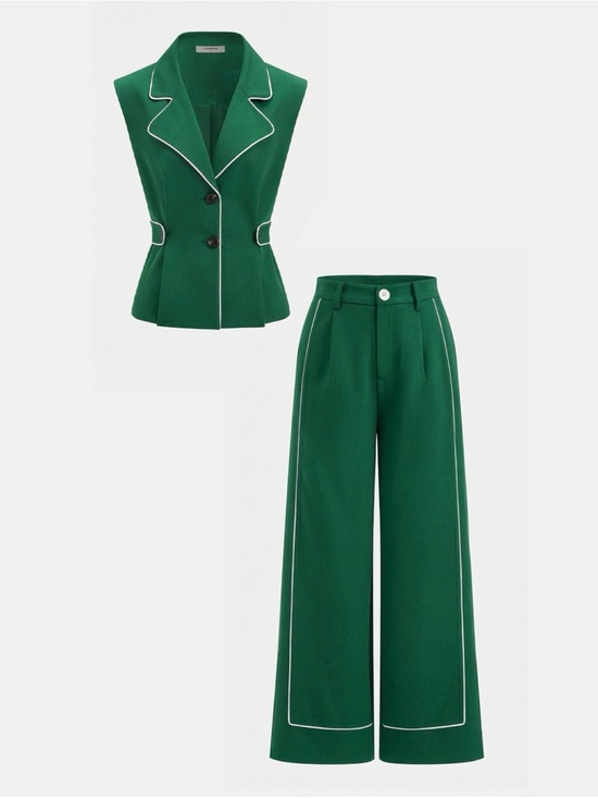Commense Pants - Commense Contrast Trim Blazer Vest & Pants Set